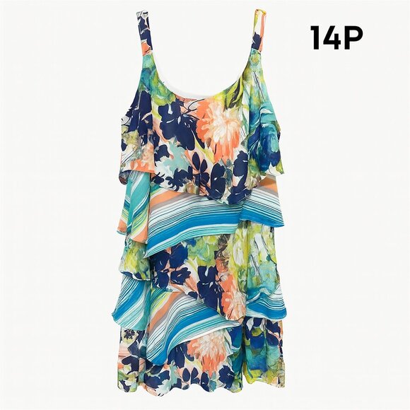 Robbie Bee 14P Sleeveless Tiered Ruffle Dress Multicolor Floral Striped - Picture 1 of 10